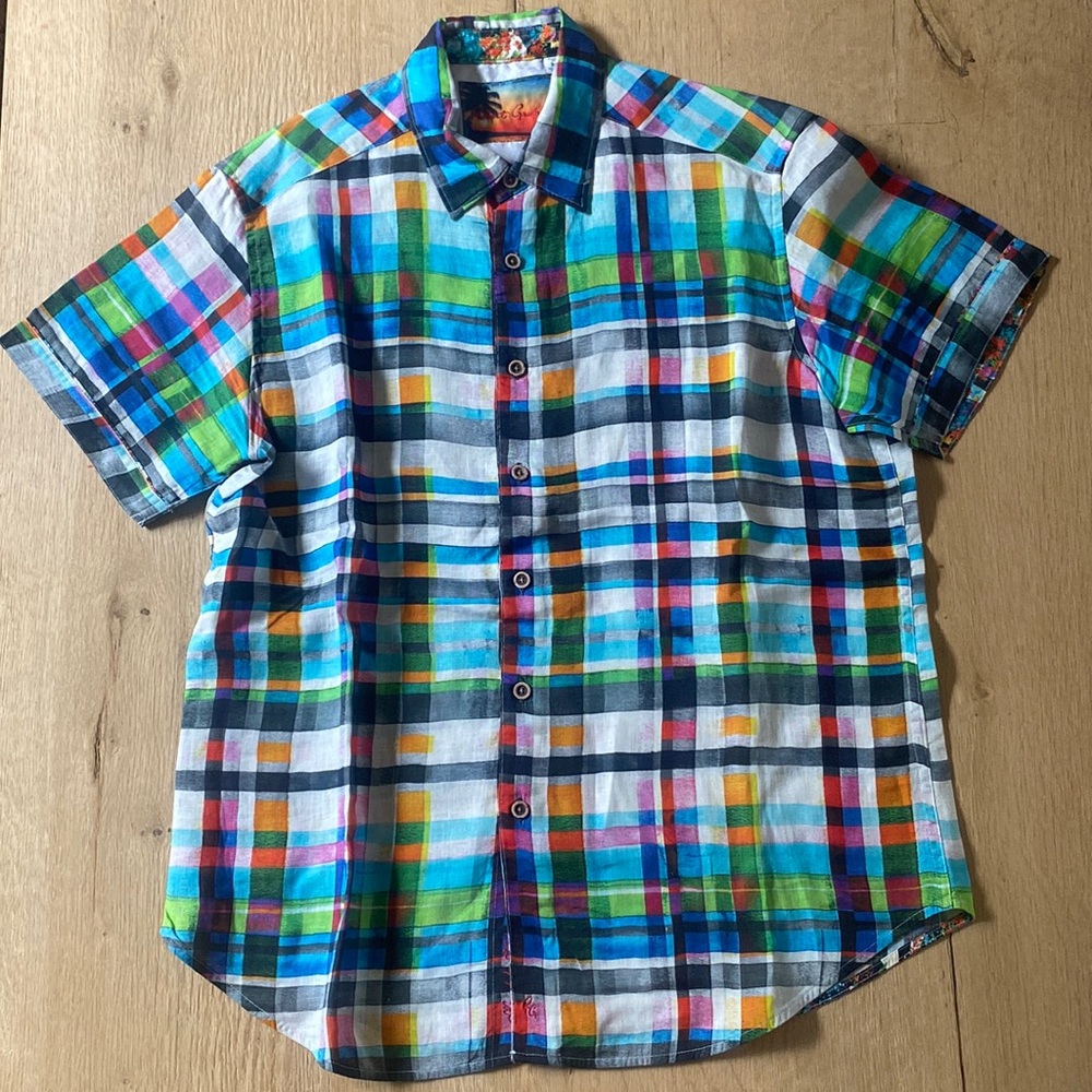 Robert Graham vibrant Linen Plaid Mens SS shirt M NWOT